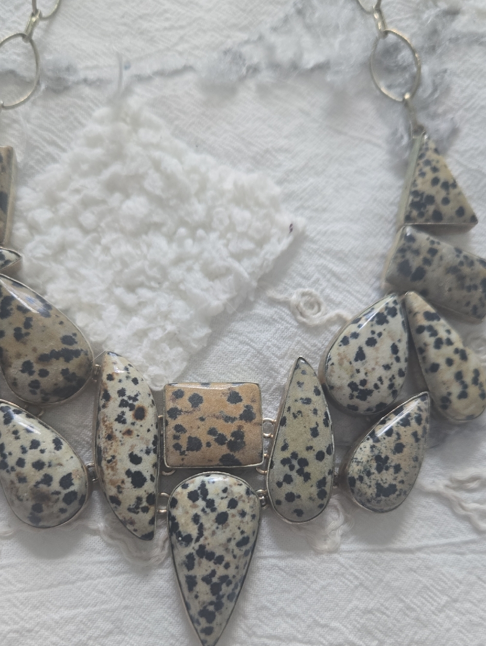 Dalmatian Jasper Teardrop Statement Necklace - Speckled Beige & Black
